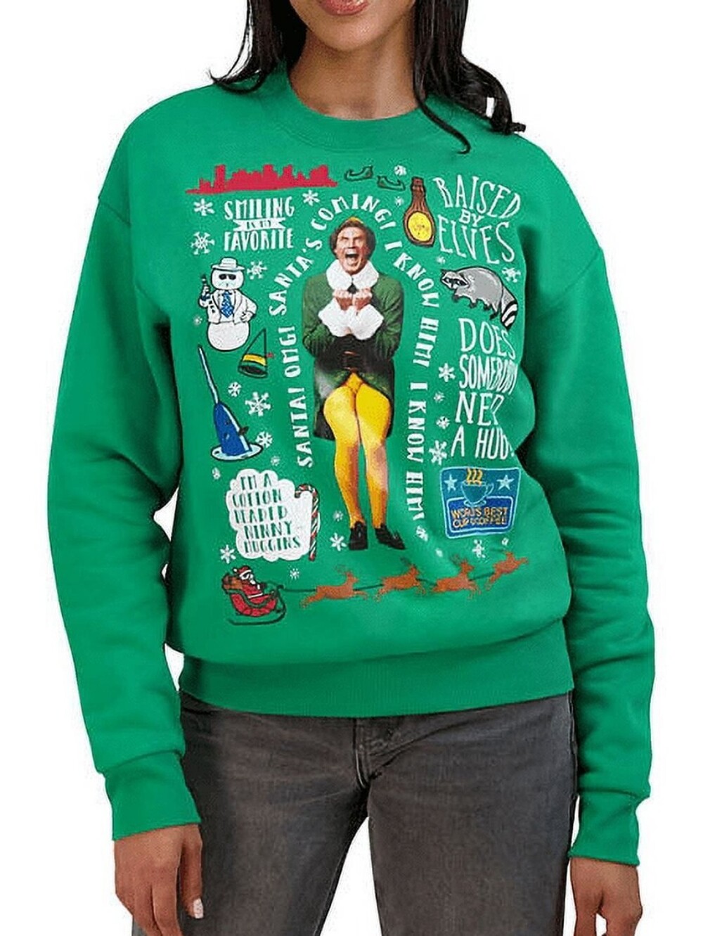 ELF Bright Green Holiday Christmas Crewneck Sweatshirt with Movie Graphic Size L
